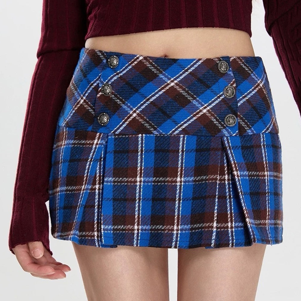 PLAID MINI SKIRT: BLUE BROWN CLASS PLAID MINI
