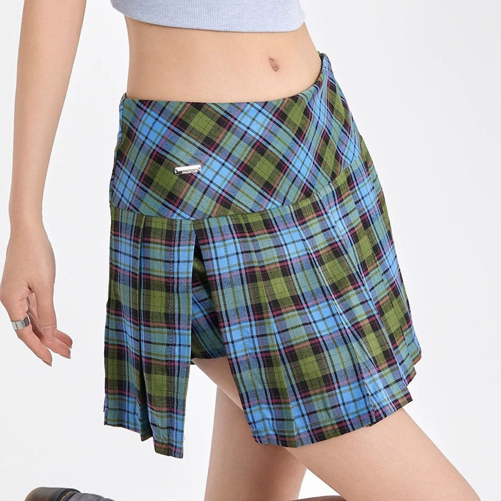 PLAID MINI SKIRT BLUE CHECKERED HIGH WAIST