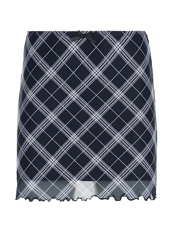 PLAID MINI SKIRT WITH BOW - PLAID MESH MINI FASHION PIECE