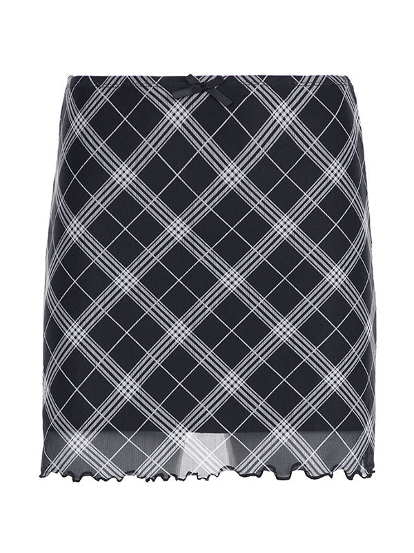 PLAID MINI SKIRT WITH BOW - PLAID MESH MINI FASHION PIECE