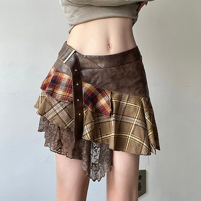 PLAID PATCHWORK ASYMMETRICAL MINI SKIRT WITH WAIST MEASUREMENT