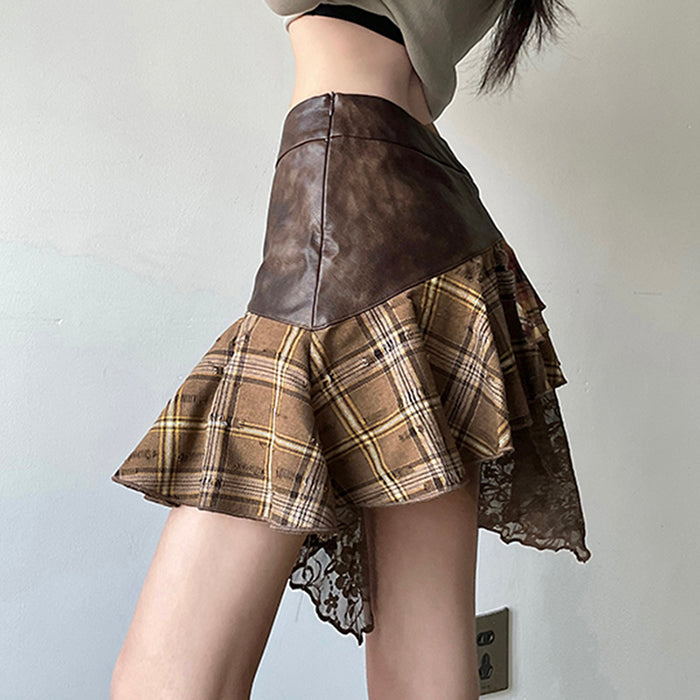 PLAID PATCHWORK ASYMMETRICAL MINI SKIRT WITH WAIST MEASUREMENT