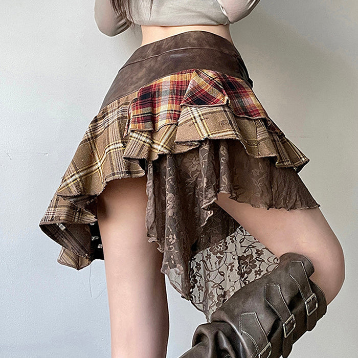 PLAID PATCHWORK ASYMMETRICAL MINI SKIRT WITH WAIST MEASUREMENT