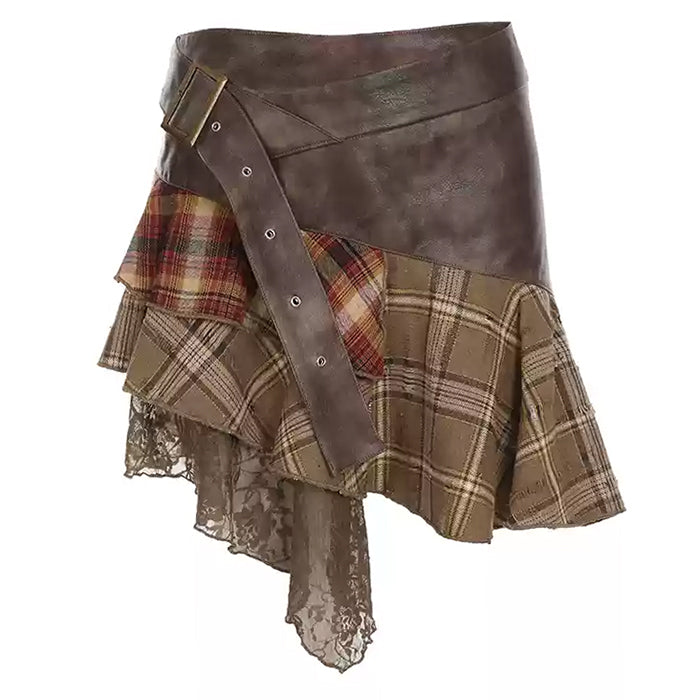 PLAID PATCHWORK ASYMMETRICAL MINI SKIRT WITH WAIST MEASUREMENT