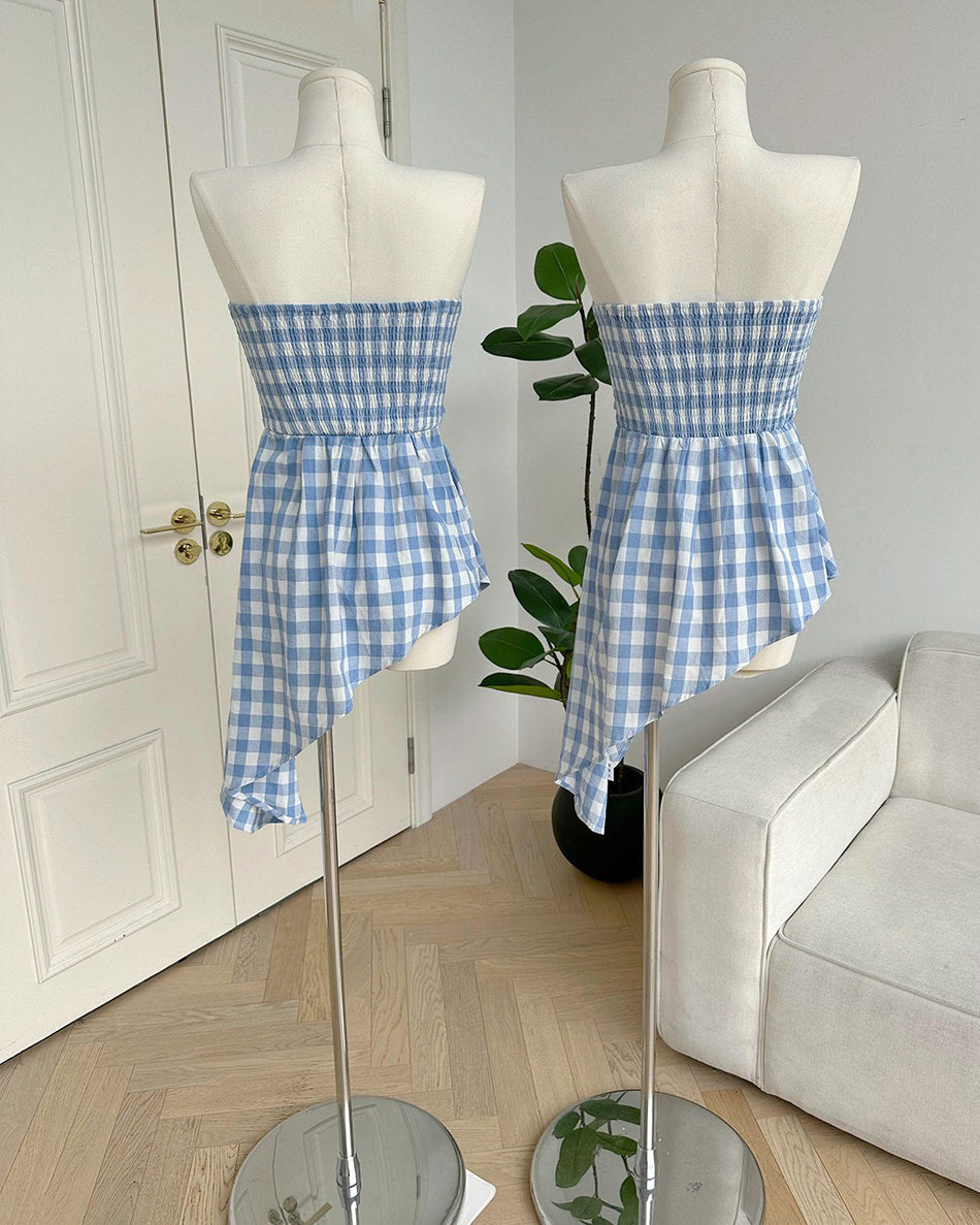 PLAID SHIRT BLUE WHITE CHECK FRONT TIE CASUAL OUTINGS