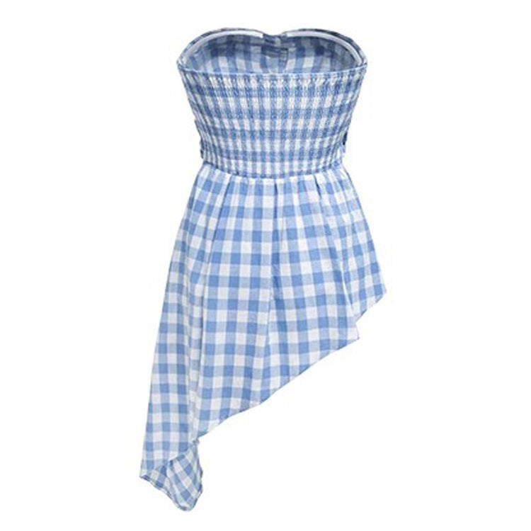 PLAID SHIRT BLUE WHITE CHECK FRONT TIE CASUAL OUTINGS