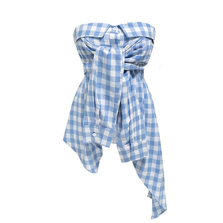 PLAID SHIRT BLUE WHITE CHECK FRONT TIE CASUAL OUTINGS