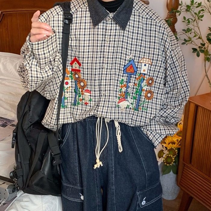 PLAID SHIRT WITH BIRDHOUSE EMBROIDERY FOR MEN AND WOMEN