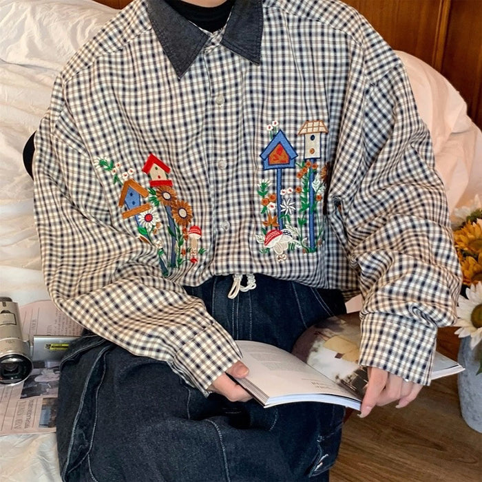 PLAID SHIRT WITH BIRDHOUSE EMBROIDERY FOR MEN AND WOMEN