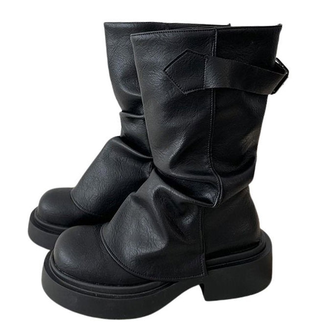 PLATFORM BOOTS BLACK VEGAN LEATHER BUCKLE STRAP