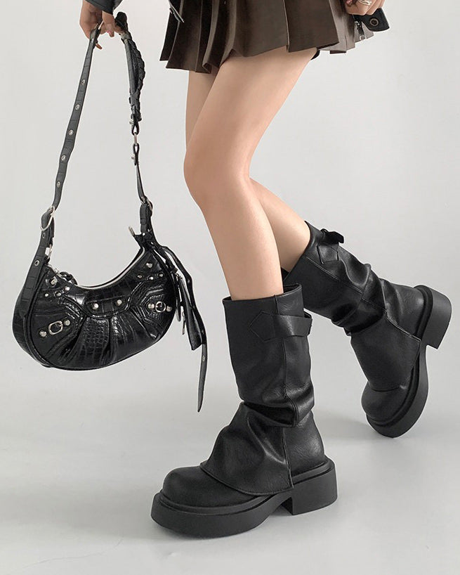 PLATFORM BOOTS BLACK VEGAN LEATHER BUCKLE STRAP