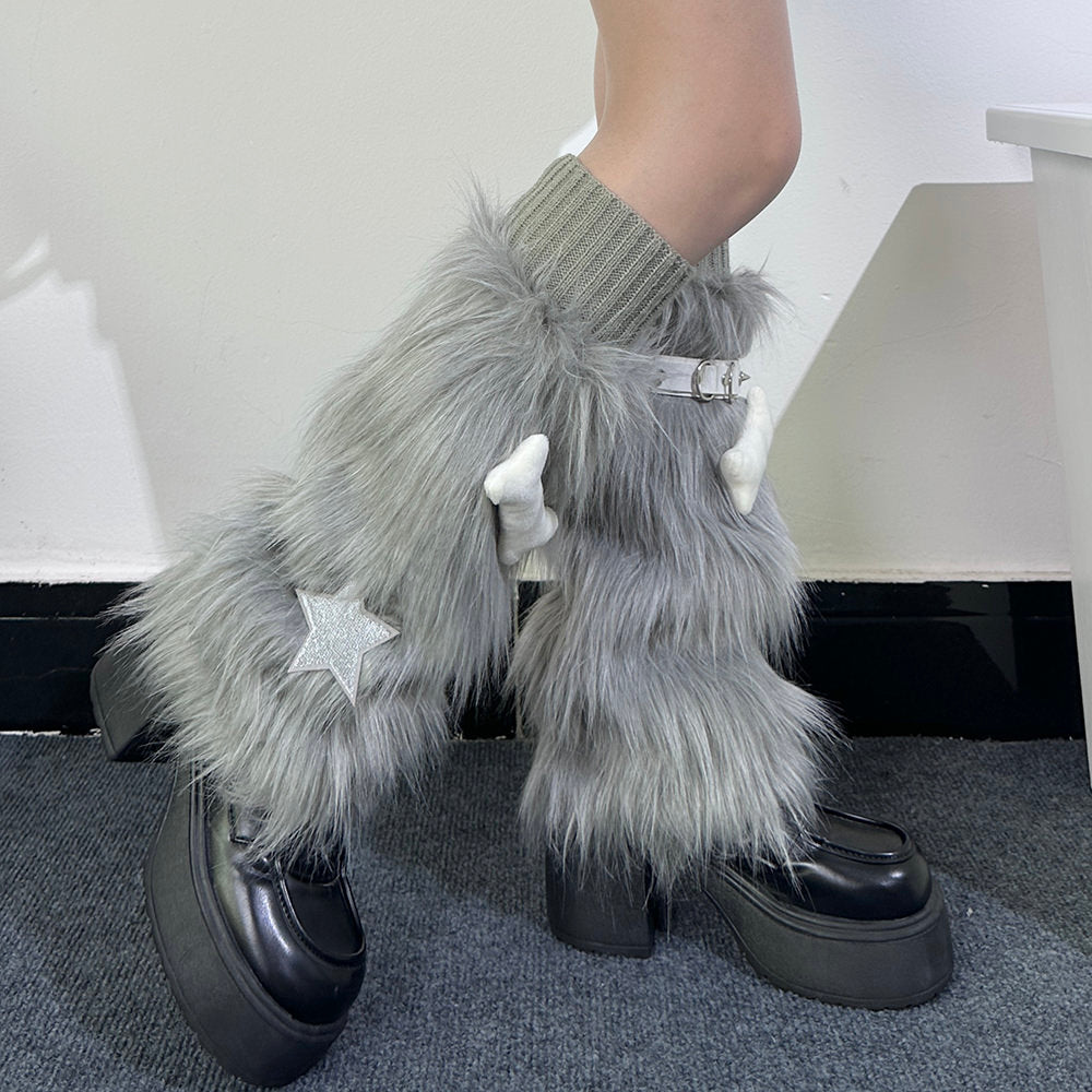 PLATFORM BOOTS STAR FUZZY LEG FAUX FUR