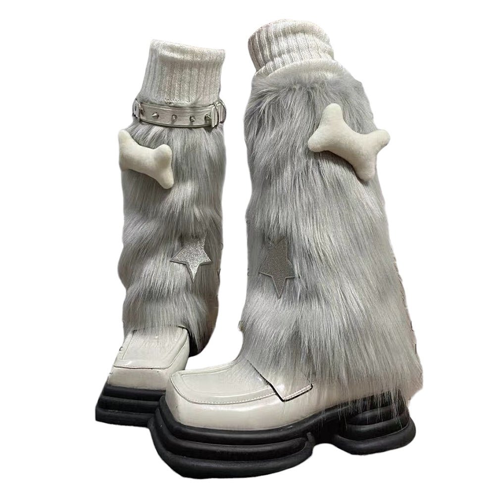PLATFORM BOOTS STAR FUZZY LEG FAUX FUR