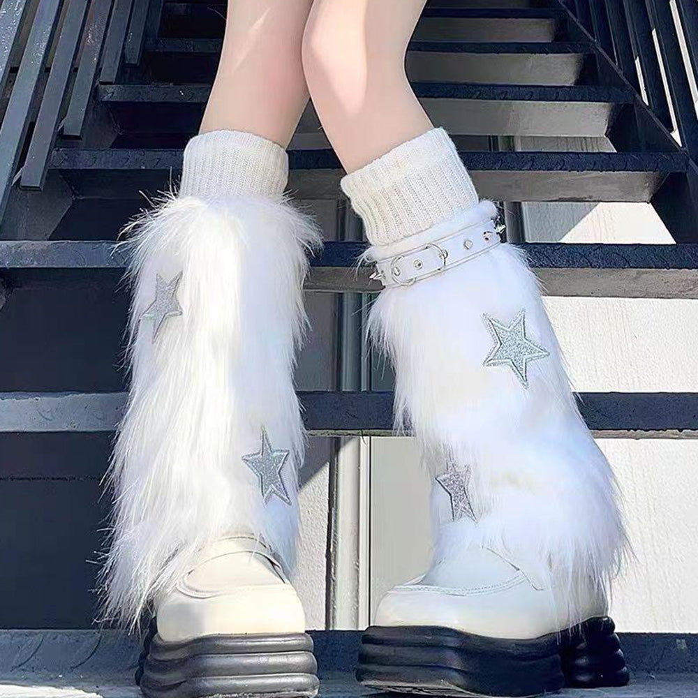 PLATFORM BOOTS STAR FUZZY LEG FAUX FUR