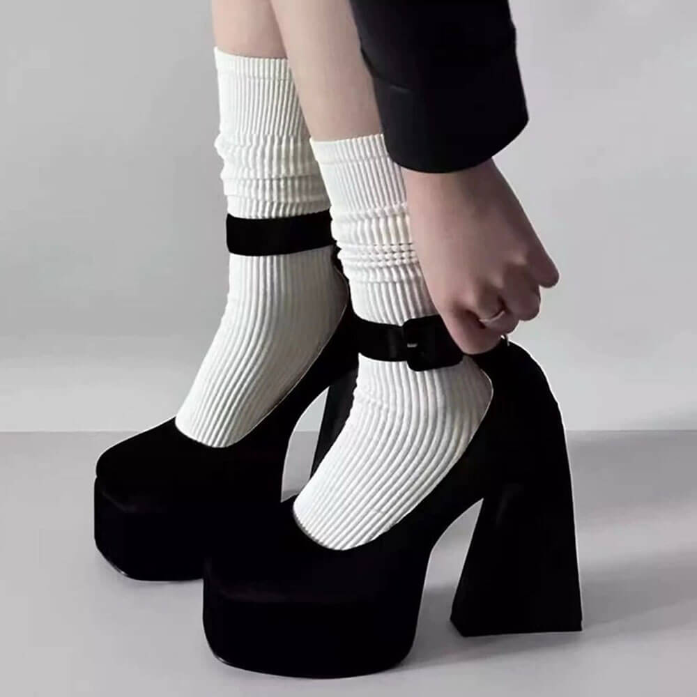 PLATFORM HEELS: NOIR SLEEK ANKLE STRAP SQUARE TOE