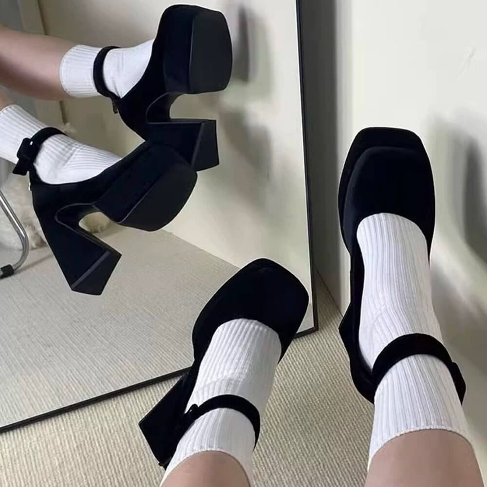 PLATFORM HEELS: NOIR SLEEK ANKLE STRAP SQUARE TOE