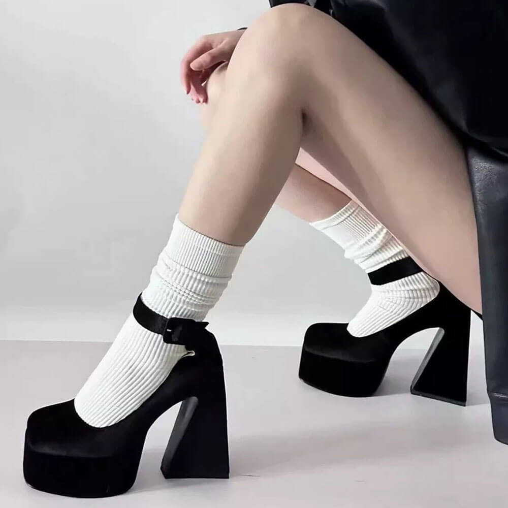 PLATFORM HEELS: NOIR SLEEK ANKLE STRAP SQUARE TOE