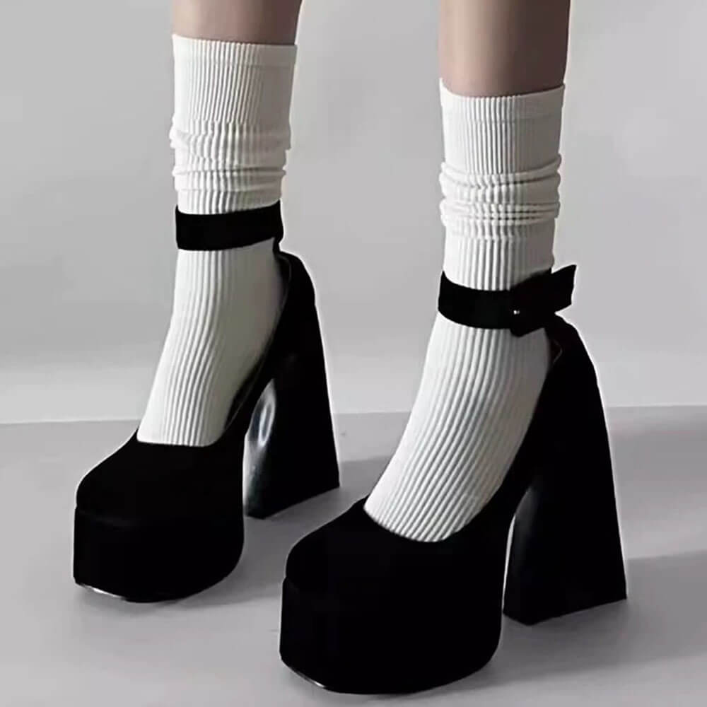PLATFORM HEELS: NOIR SLEEK ANKLE STRAP SQUARE TOE