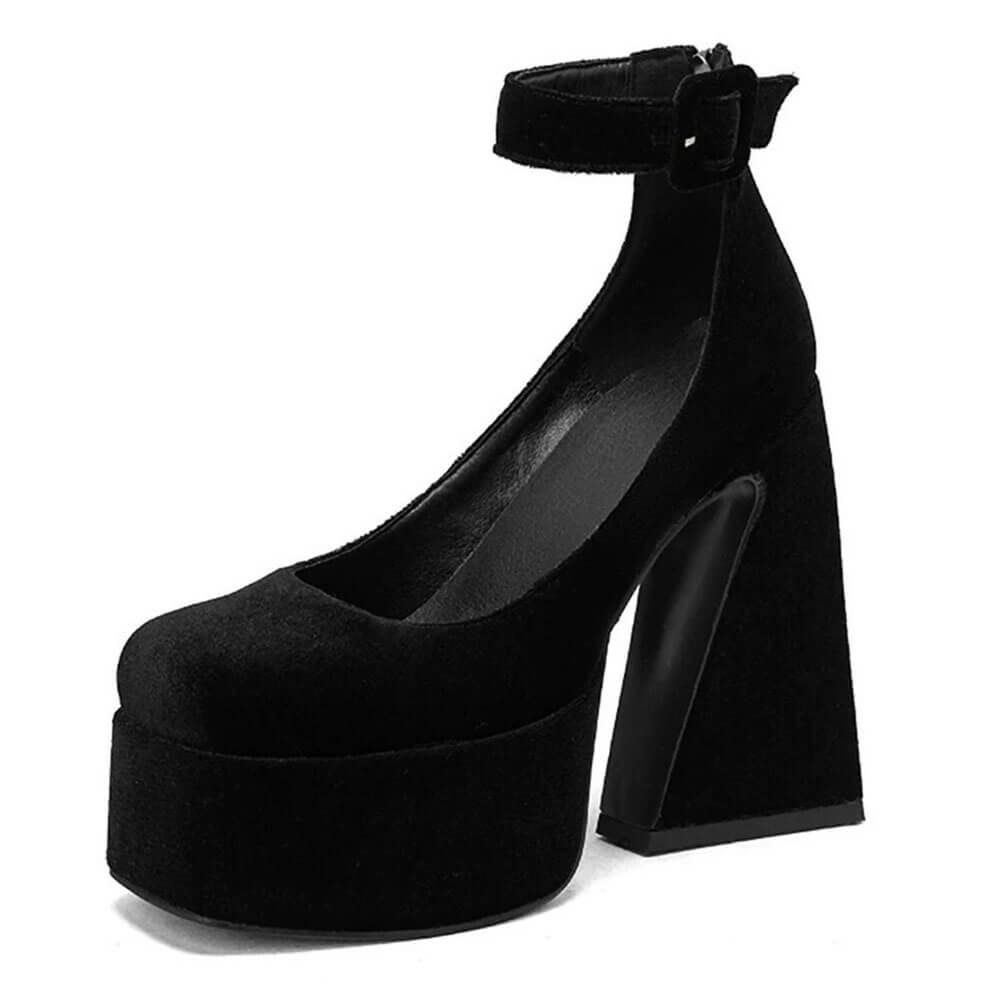 PLATFORM HEELS: NOIR SLEEK ANKLE STRAP SQUARE TOE