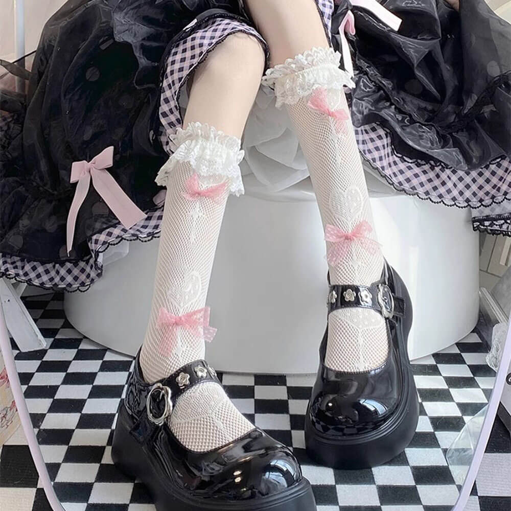 PLATFORM MARY JANES WITH BOWS FISHNET KNEE SOCKS SET