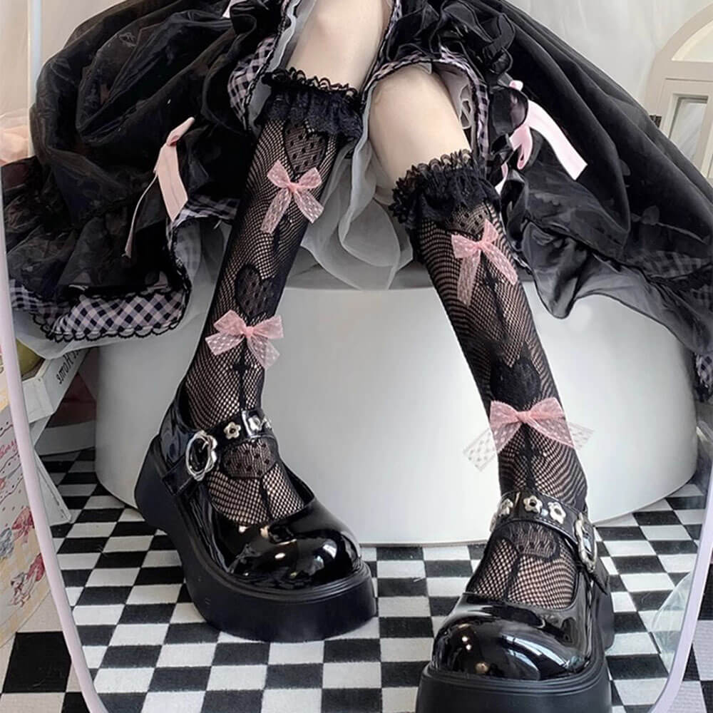 PLATFORM MARY JANES WITH BOWS FISHNET KNEE SOCKS SET