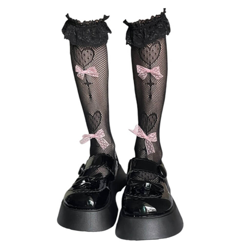 PLATFORM MARY JANES WITH BOWS FISHNET KNEE SOCKS SET