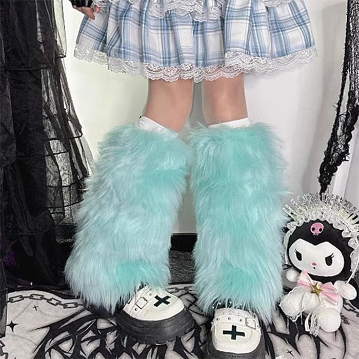 PLATFORM SHOES WITH LAVENDER FAUX FUR Y2K FUZZY LEG WARMERS