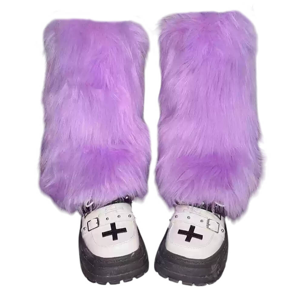 PLATFORM SHOES WITH LAVENDER FAUX FUR Y2K FUZZY LEG WARMERS