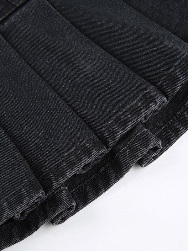 PLEATED DENIM MINI SKIRT IN BLACK - DURABLE DENIM FASHION PIECE