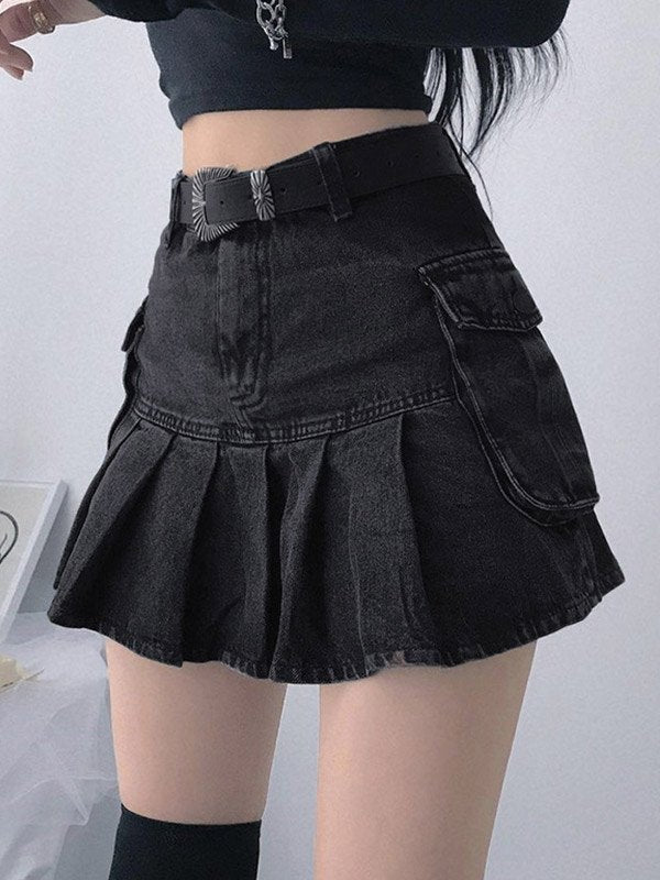 PLEATED DENIM MINI SKIRT IN BLACK - DURABLE DENIM FASHION PIECE