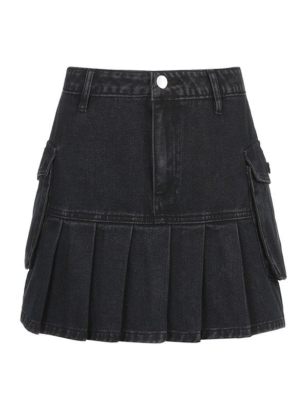 PLEATED DENIM MINI SKIRT IN BLACK - DURABLE DENIM FASHION PIECE