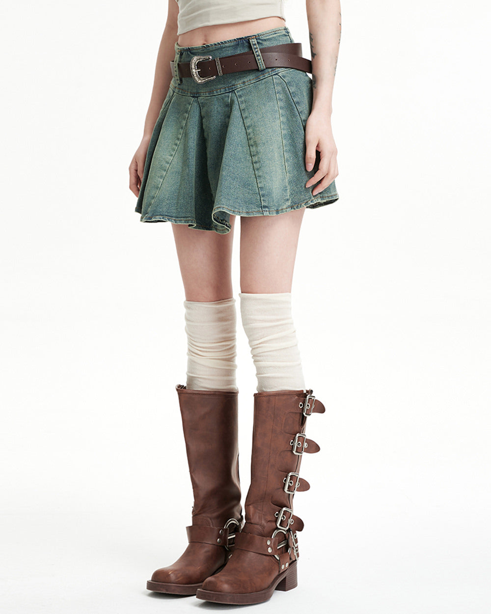 PLEATED DENIM MINI SKIRT WITH BELT