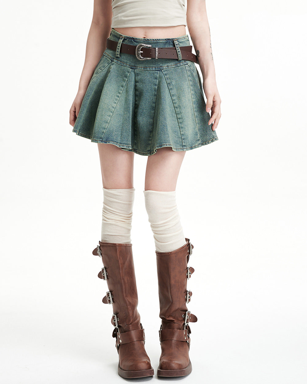 PLEATED DENIM MINI SKIRT WITH BELT