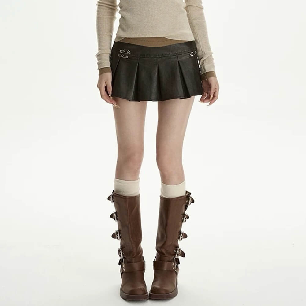 PLEATED LEATHER MINI SKIRT: FAUX LEATHER MINI
