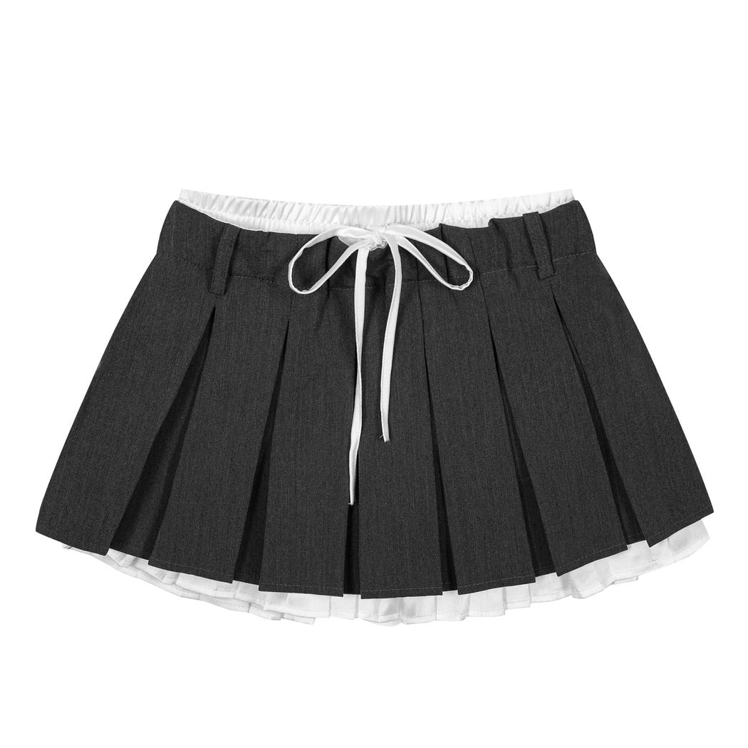 PLEATED MINI SKIRT CONTRAST LACE UNDERSKIRT