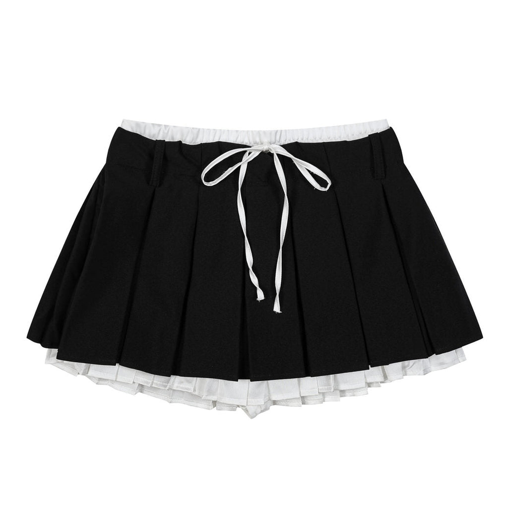 PLEATED MINI SKIRT CONTRAST LACE UNDERSKIRT