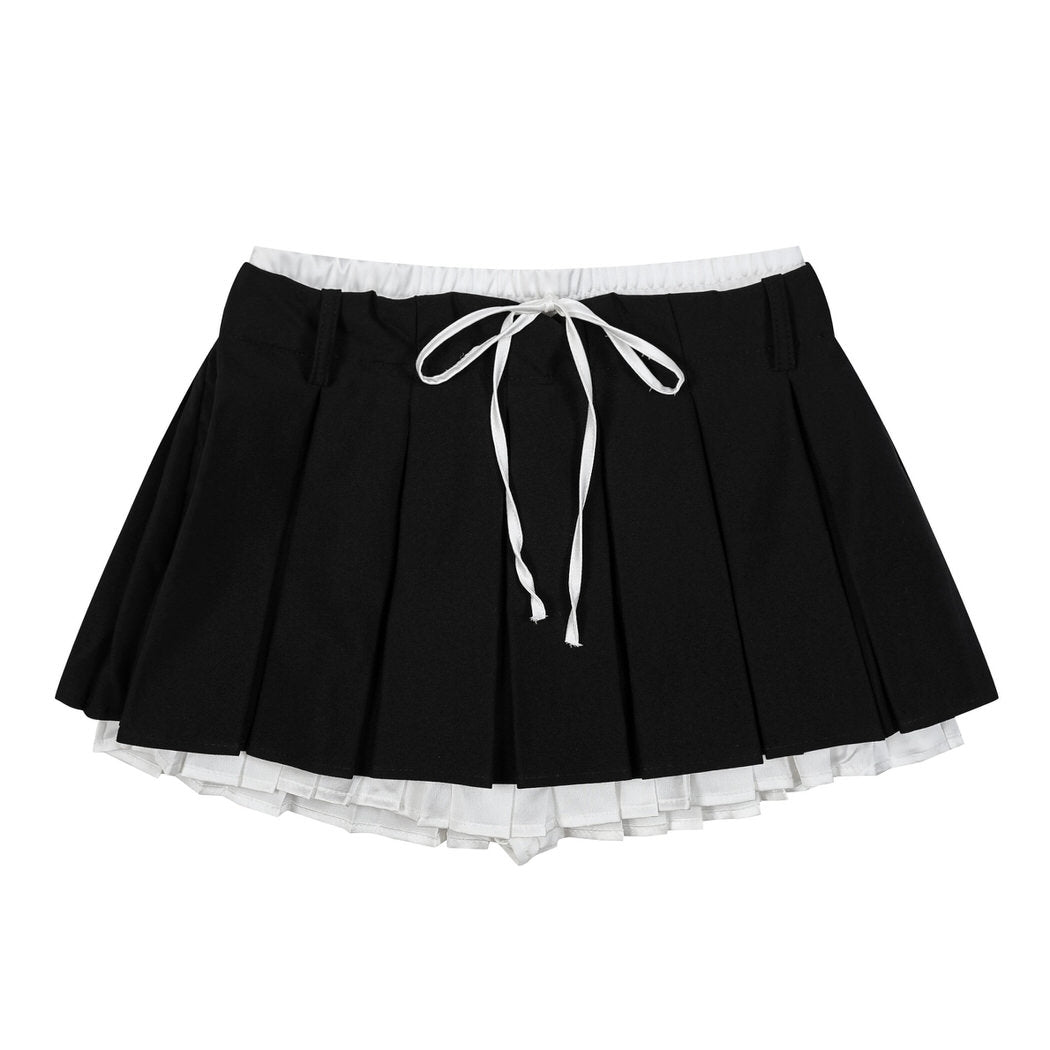 PLEATED MINI SKIRT CONTRAST LACE UNDERSKIRT