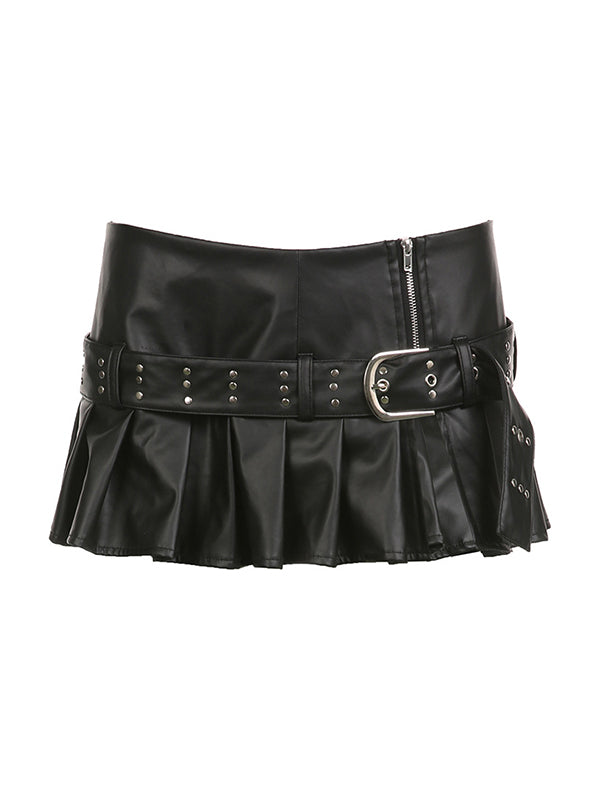 PLEATED MINI SKIRT WITH STUDDED BELT - PLEATED SLIT LEATHER STYLE