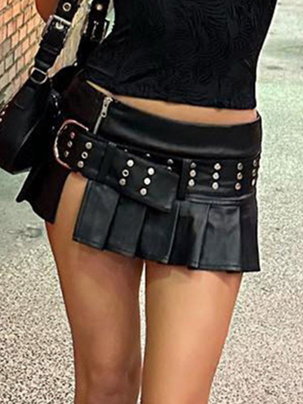 PLEATED MINI SKIRT WITH STUDDED BELT - PLEATED SLIT LEATHER STYLE