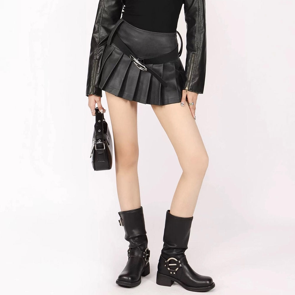 PLEATED MINI VEGAN LEATHER SKIRT ONYX