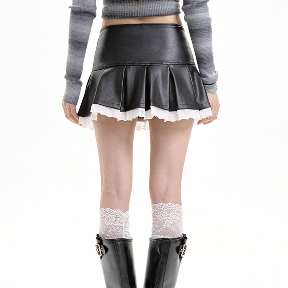 PLEATED VEGAN LEATHER LACE MINI SKIRT