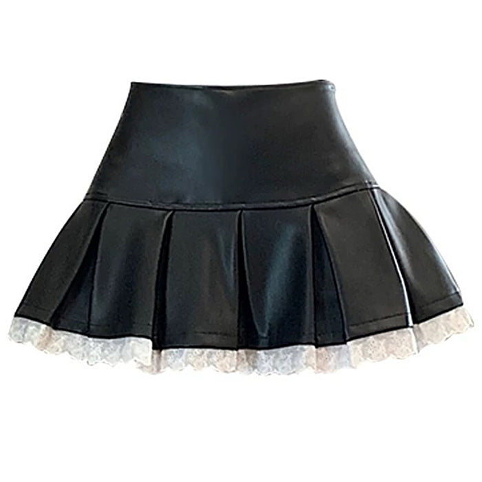 PLEATED VEGAN LEATHER LACE MINI SKIRT