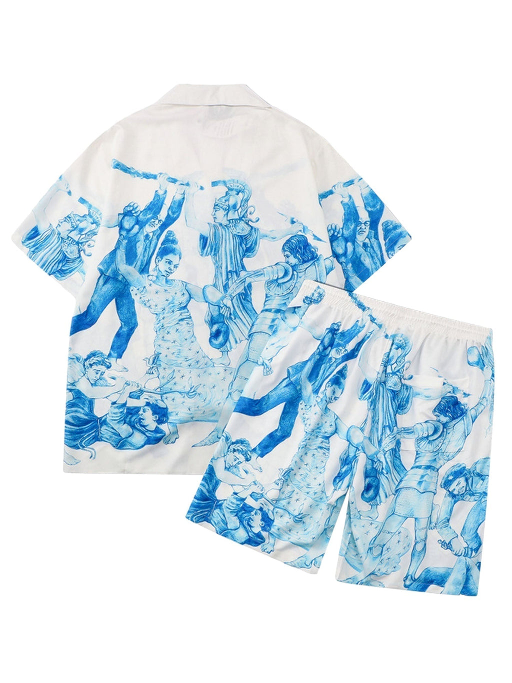 PRINTED RAP BEACH SHIRT AND SHORTS SET IN BLUE AND WHITE PATTERN