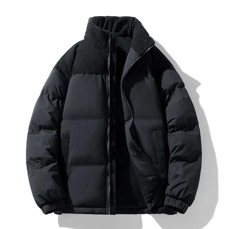 PUFFER JACKET WITH BLACK CORDUROY ACCENTS FOR WELLNESS SUPPORT