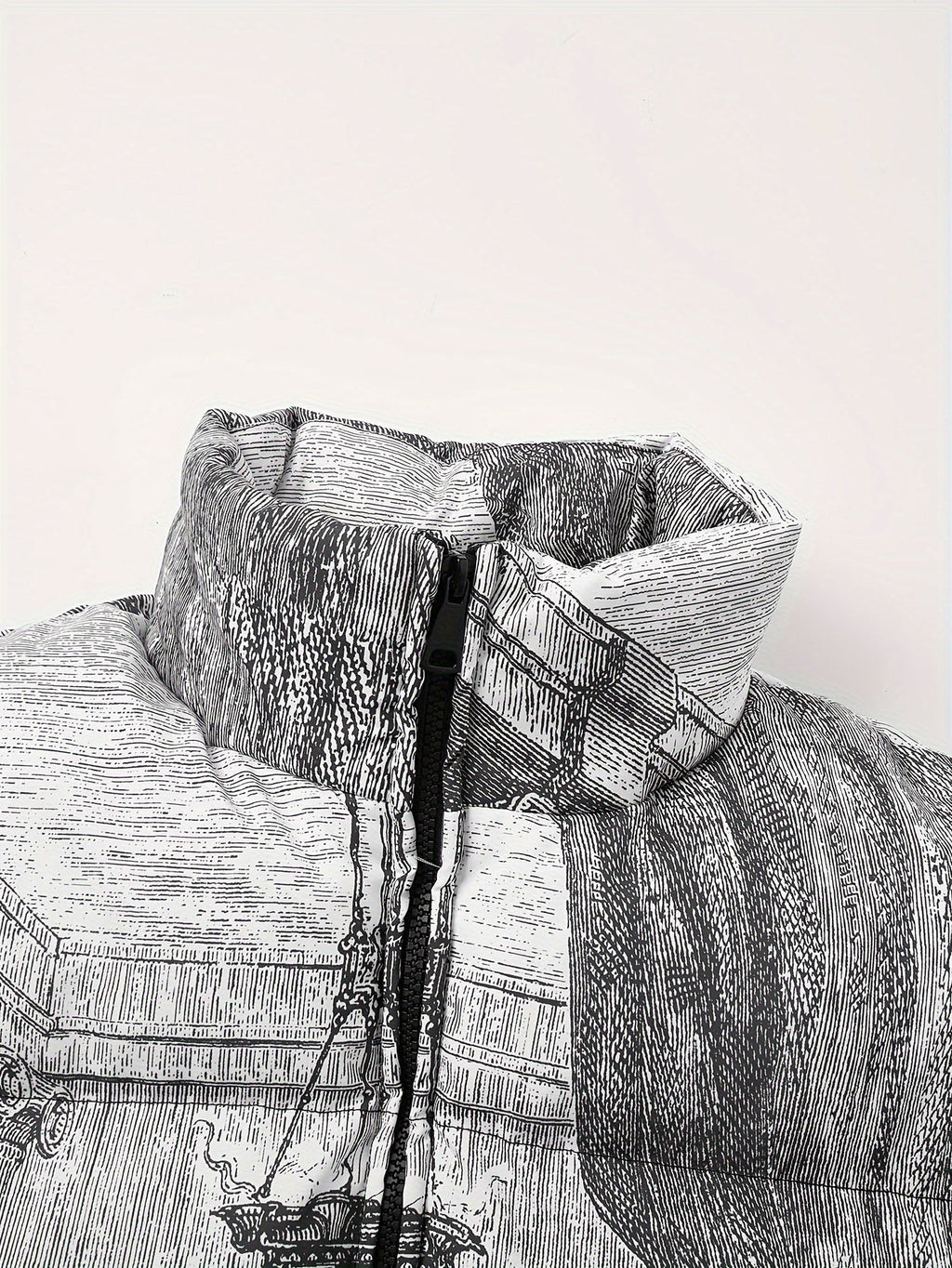 PUFFER JACKET WITH LAST SUPPER PRINT AND CASUAL MANDARIN COLLAR