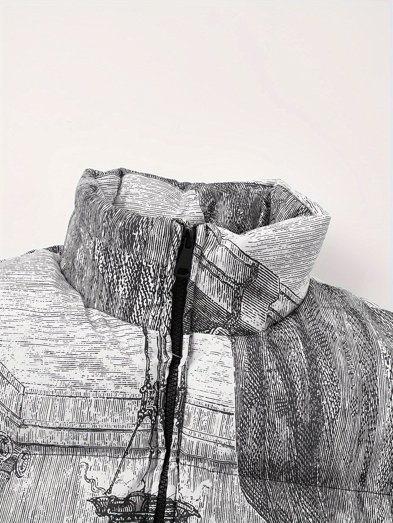 PUFFER JACKET WITH LAST SUPPER PRINT AND CASUAL MANDARIN COLLAR