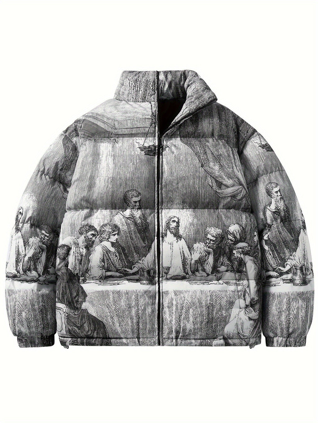 PUFFER JACKET WITH LAST SUPPER PRINT AND CASUAL MANDARIN COLLAR