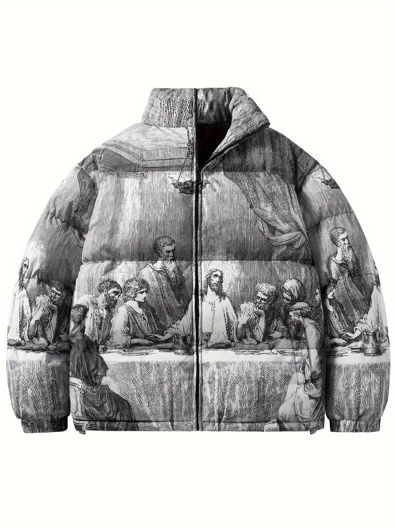 PUFFER JACKET WITH LAST SUPPER PRINT AND CASUAL MANDARIN COLLAR