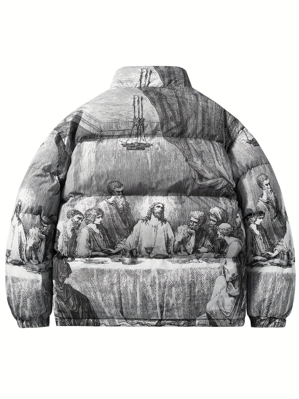 PUFFER JACKET WITH LAST SUPPER PRINT AND CASUAL MANDARIN COLLAR