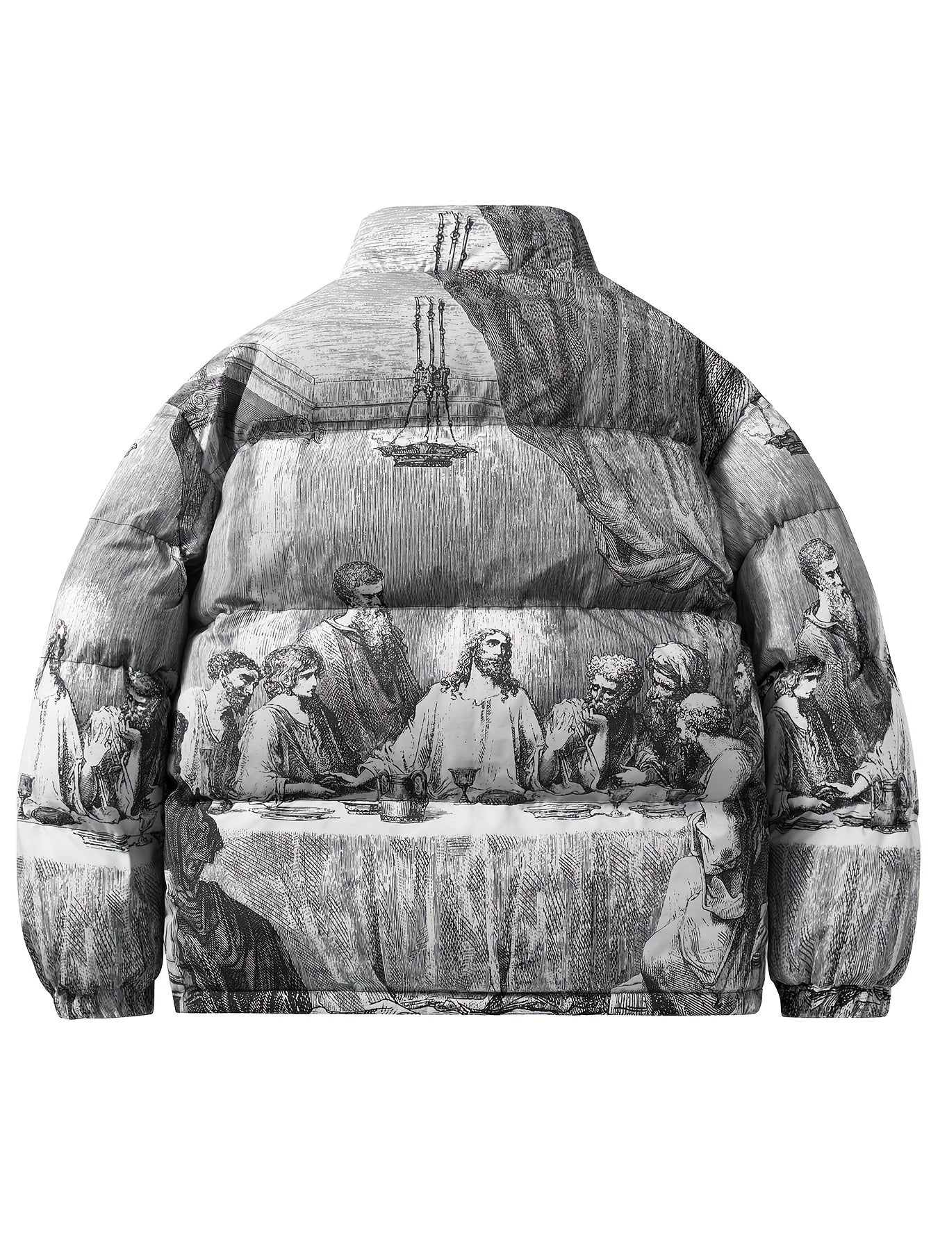 PUFFER JACKET WITH LAST SUPPER PRINT AND CASUAL MANDARIN COLLAR